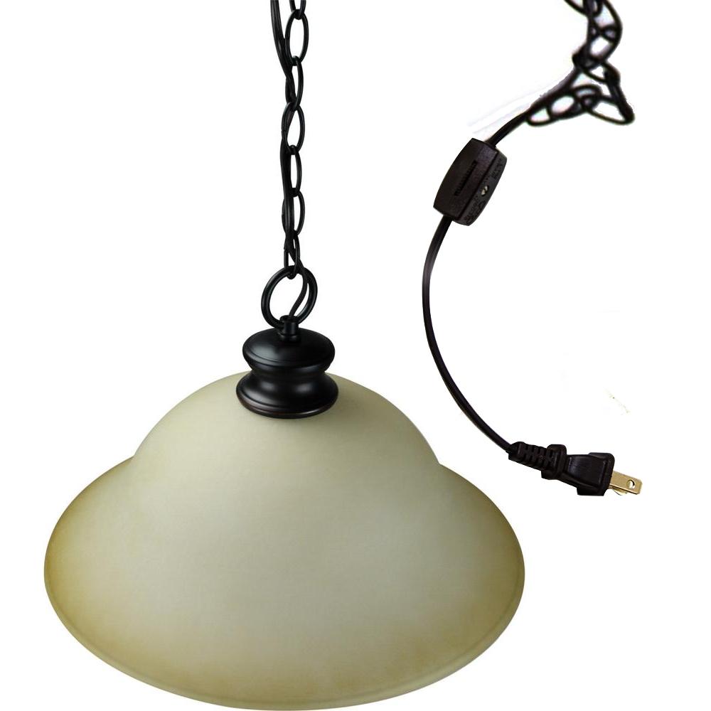 16-inch plug-in swag amber glass pendant light with bronze finish, featuring a warm amber shade and an oil-rubbed bronze chain.