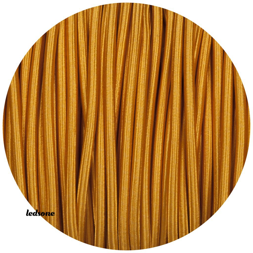 2 Core Gold Coloured Round Braided Fabric Lighting Cable, showcasing its vintage design and high-quality Italian craftsmanship.