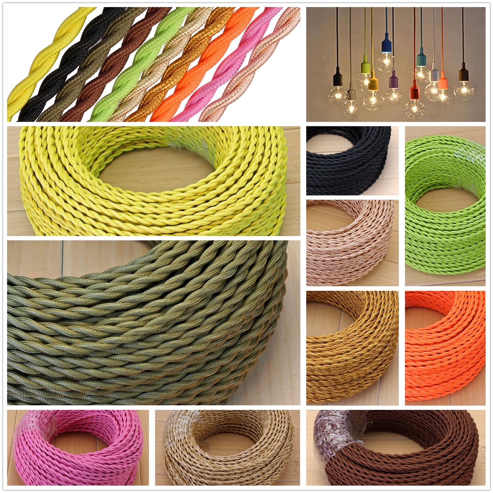 A 5-meter length of 2 core twisted braided electrical fabric lamp cable in various colors, showcasing its flexible and vintage design.