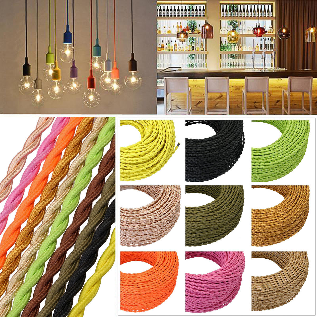 A 5-meter length of 2 core twisted braided electrical fabric lamp cable in various colors, showcasing its flexible and vintage design.