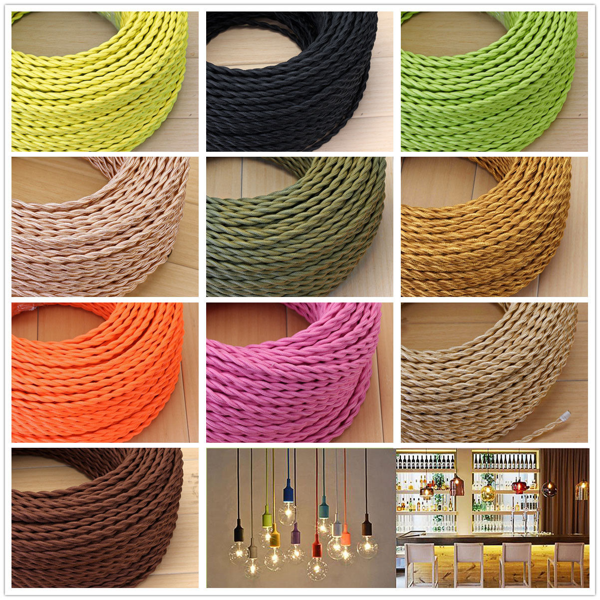 A 5-meter length of 2 core twisted braided electrical fabric lamp cable in various colors, showcasing its flexible and vintage design.