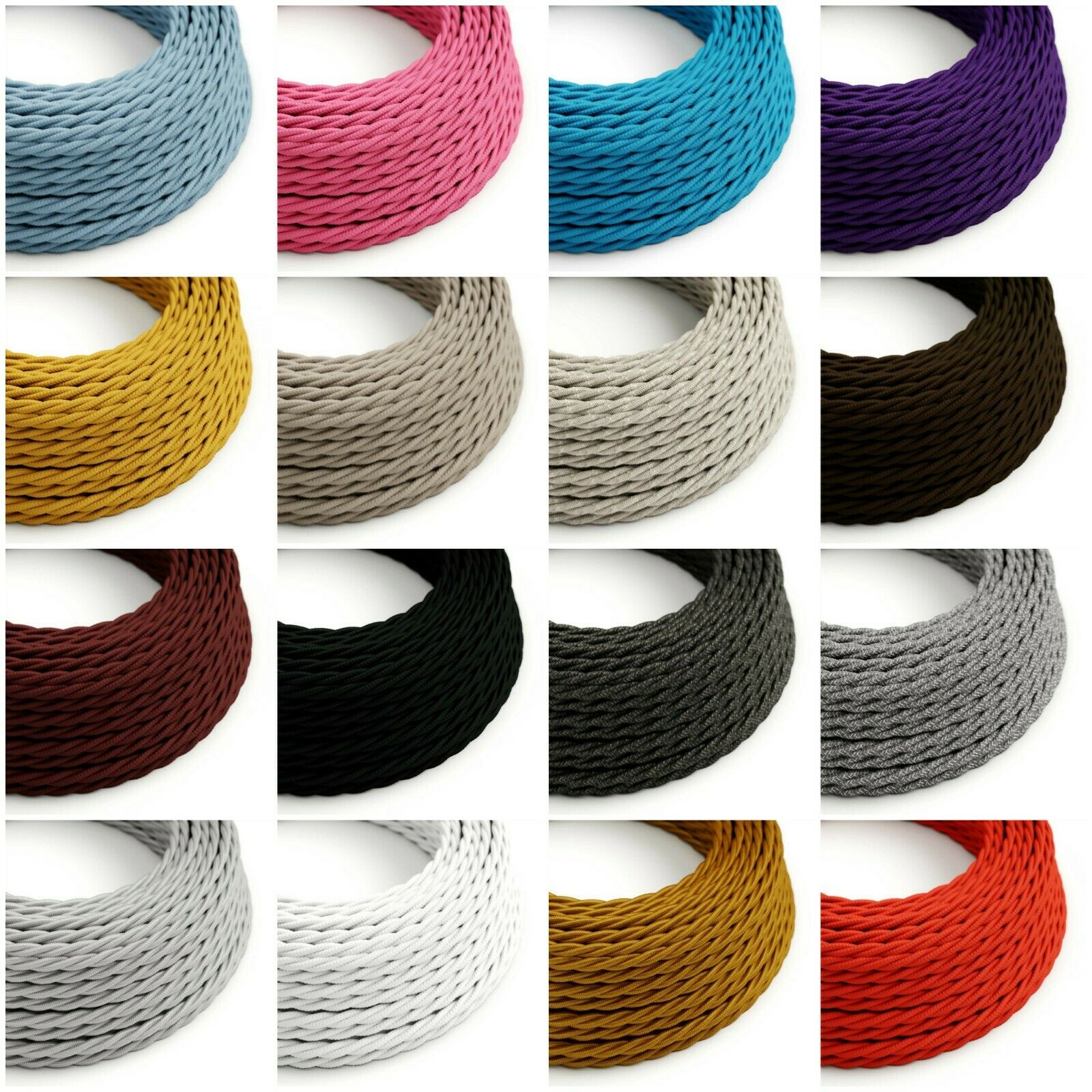 A 5-meter length of 2 core twisted braided electrical fabric lamp cable in various colors, showcasing its flexible and vintage design.