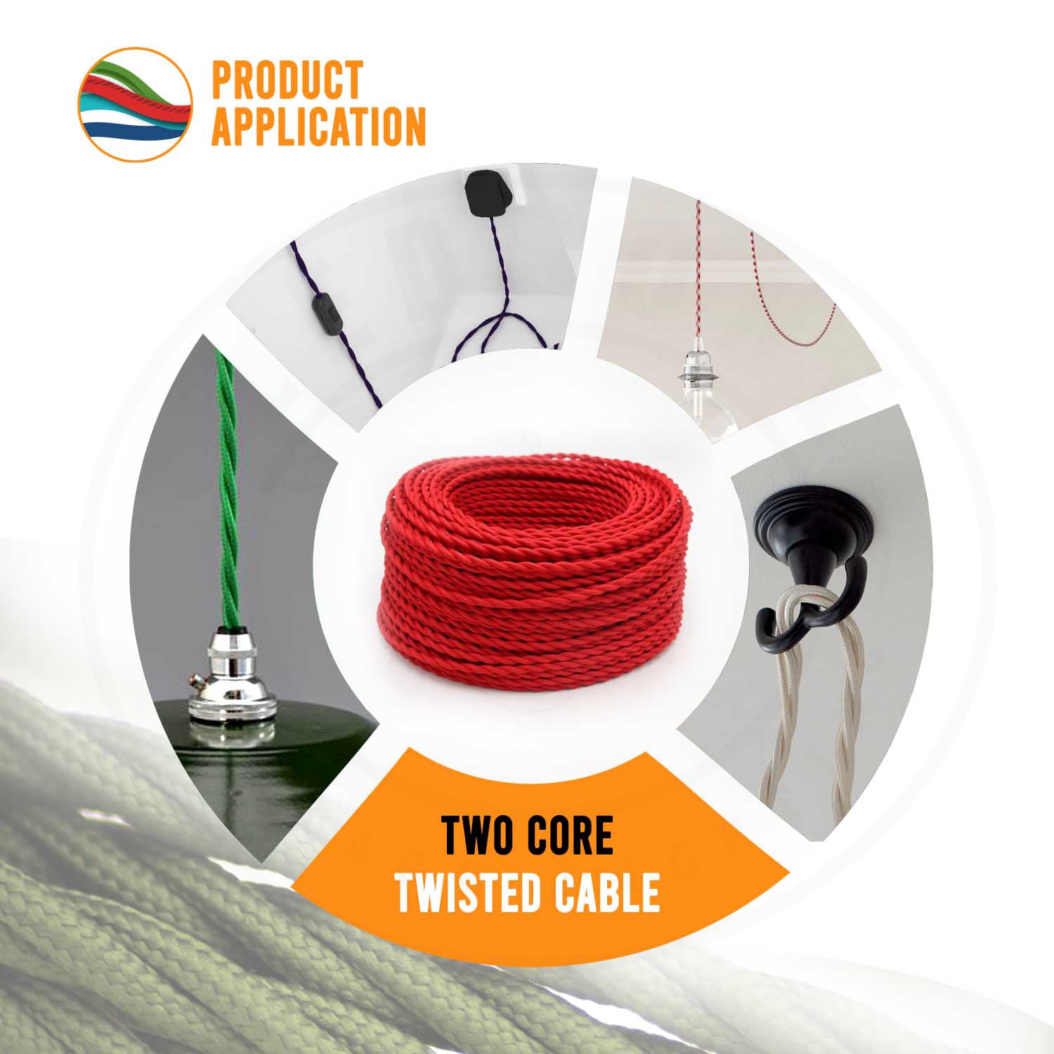 A 5-meter length of 2 core twisted braided electrical fabric lamp cable in various colors, showcasing its flexible and vintage design.