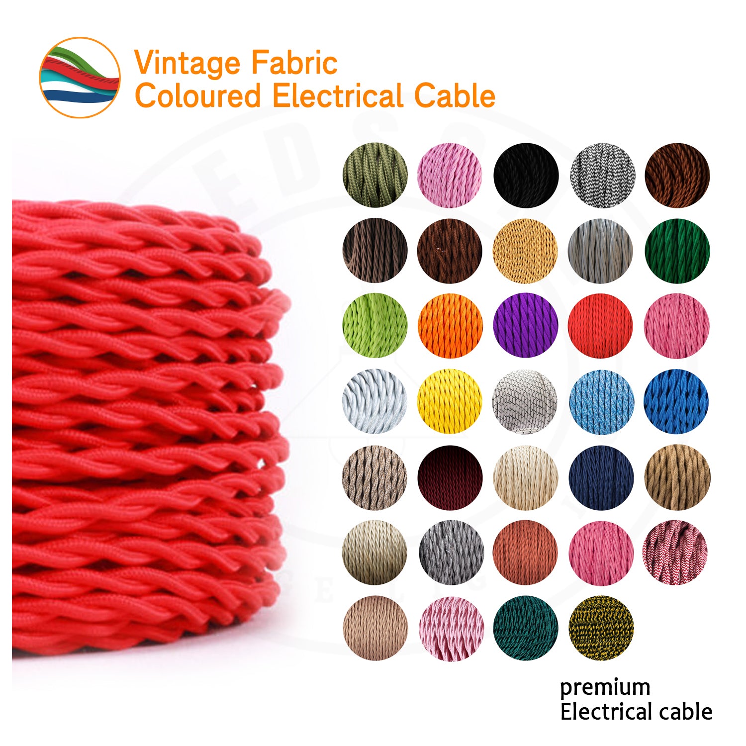 A 5-meter length of 2 core twisted braided electrical fabric lamp cable in various colors, showcasing its flexible and vintage design.