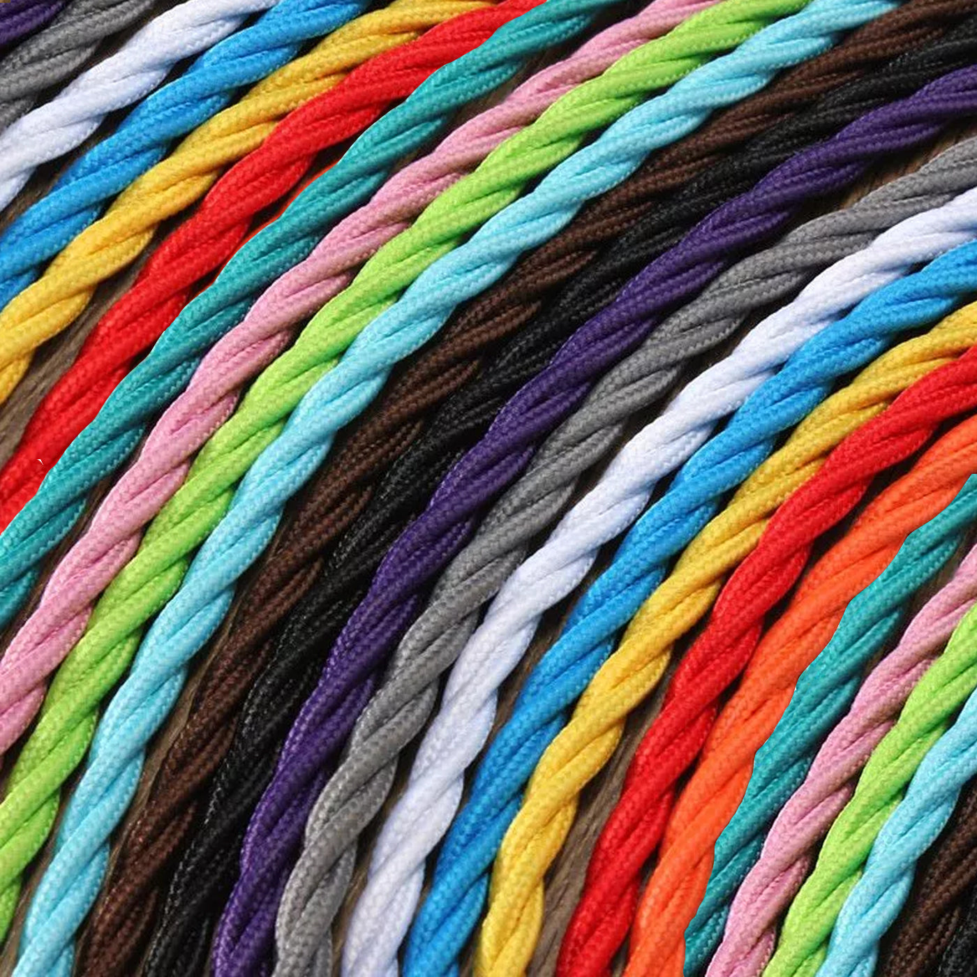 A 5-meter length of 2 core twisted braided electrical fabric lamp cable in various colors, showcasing its flexible and vintage design.