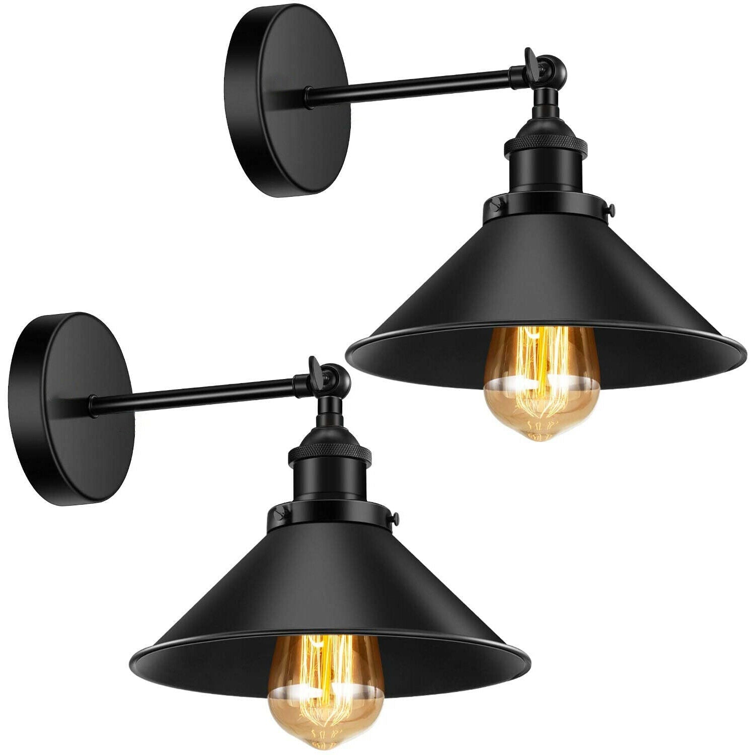 Two vintage industrial retro wall lights with adjustable metal shades in black, perfect for indoor decor.