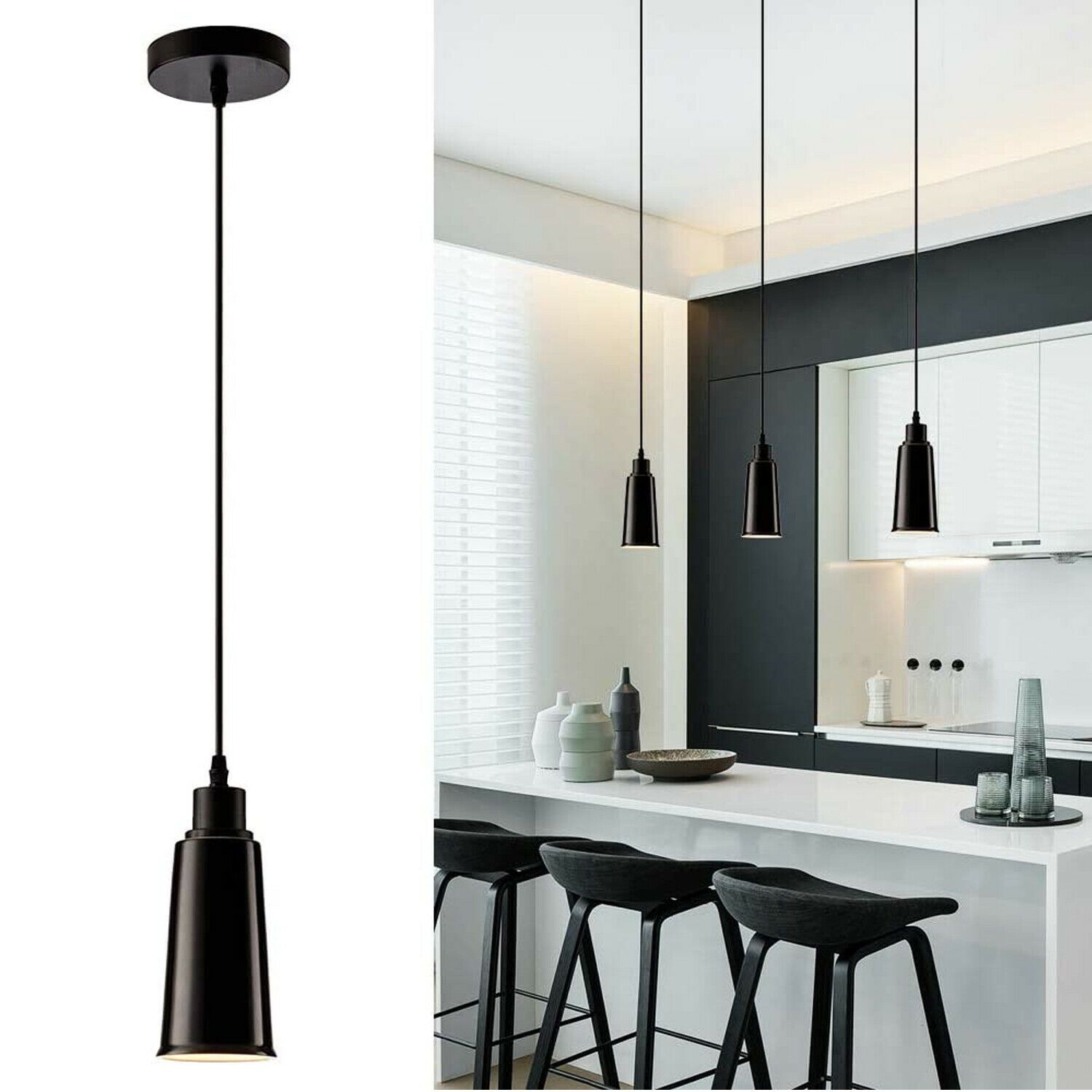 Two modern ceramic ceiling pendant lights with black finish and included bulbs, ideal for contemporary home decor.