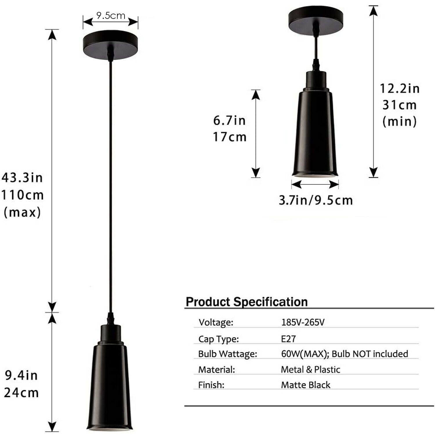 Two modern ceramic ceiling pendant lights with black finish and included bulbs, ideal for contemporary home decor.