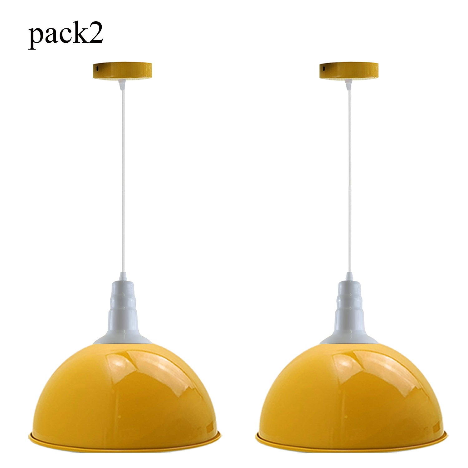 Two modern vintage industrial metal ceiling lamp shades in yellow, showcasing a retro design suitable for loft and contemporary spaces.