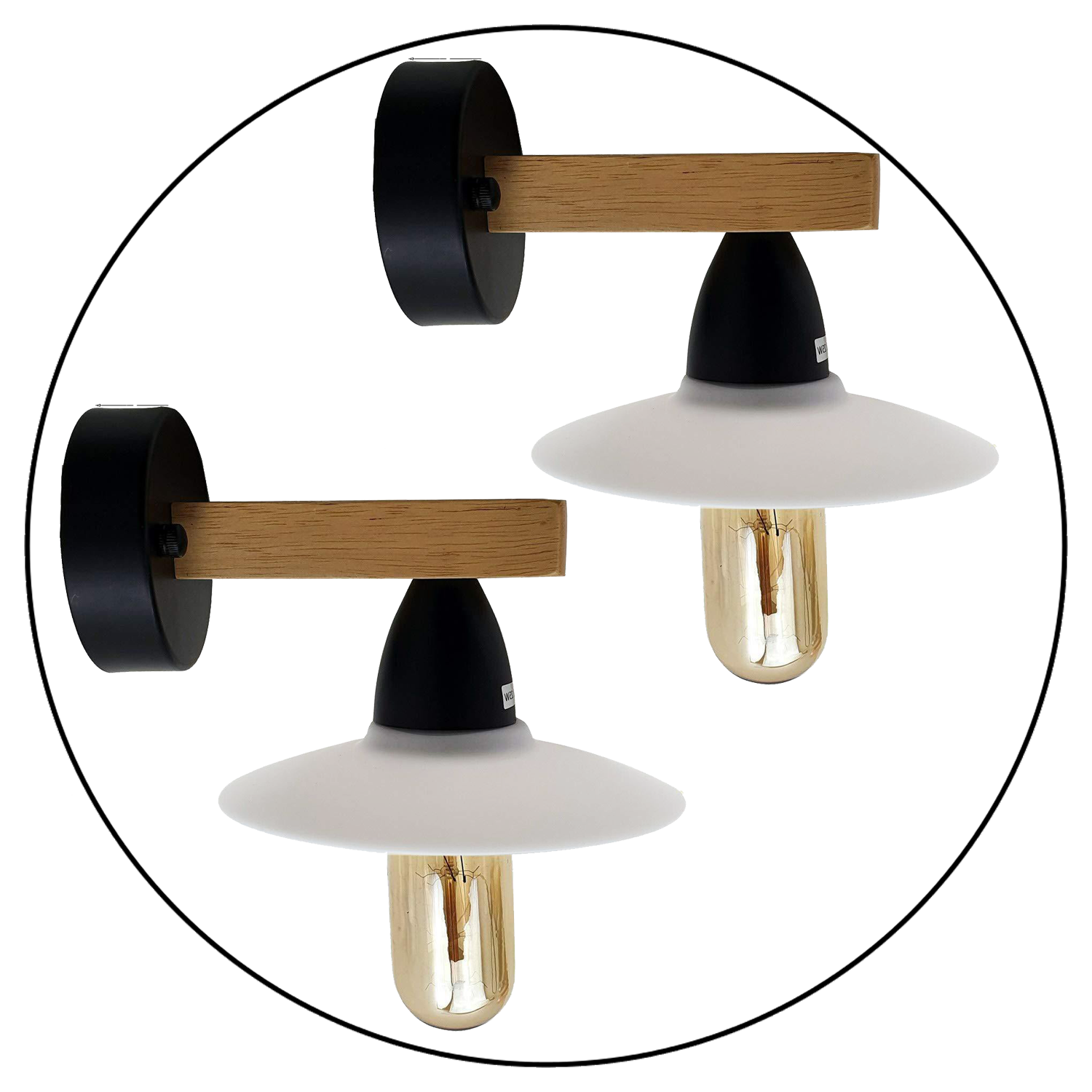 Two retro wall light lamp fixtures with PVC shades and wooden bases, showcasing a modern vintage design.