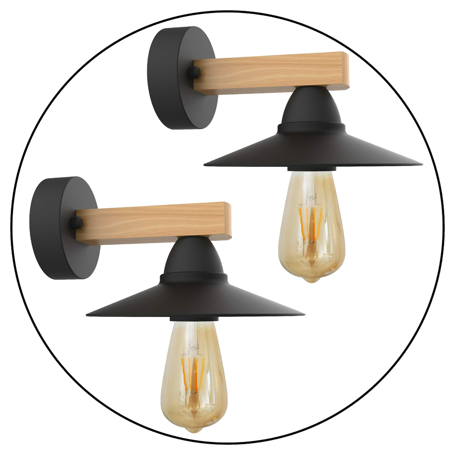 Two retro wall light lamp fixtures with PVC shades and wooden bases, showcasing a modern vintage design.