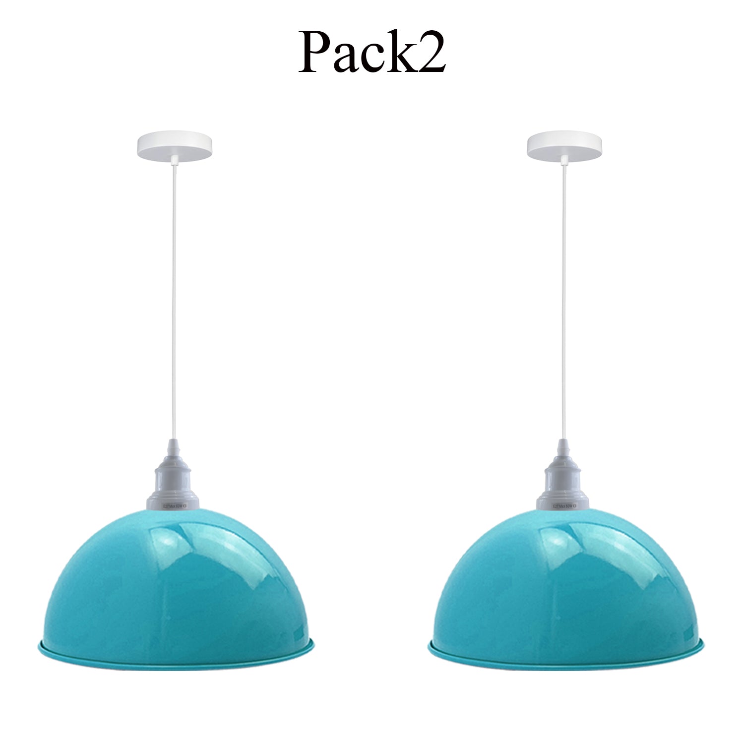 Two vintage industrial blue pendant lights hanging from a ceiling, showcasing a retro design with white lamp holders.