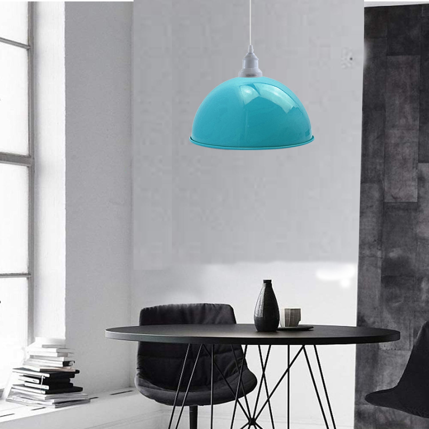 Two vintage industrial blue pendant lights hanging from a ceiling, showcasing a retro design with white lamp holders.