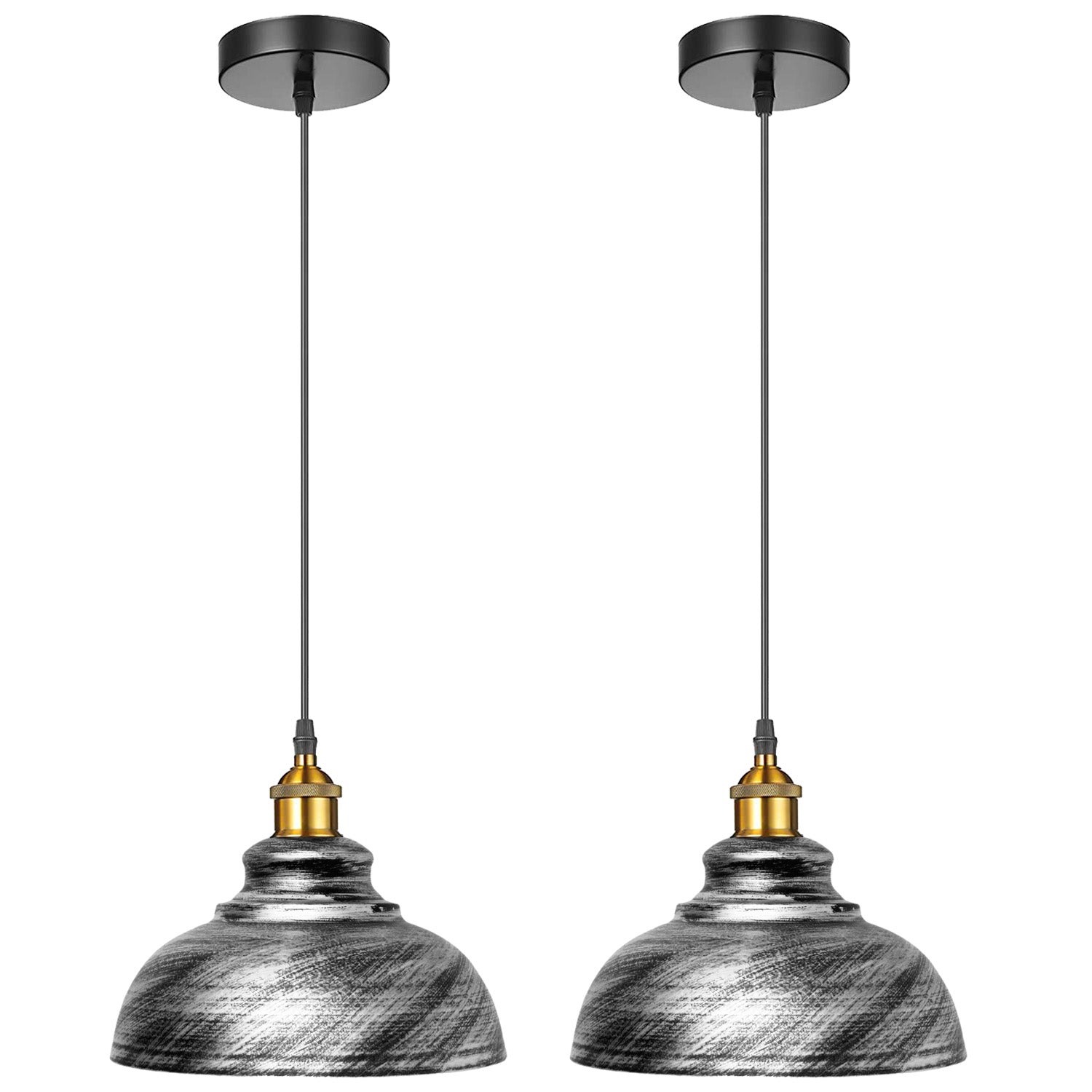 Two vintage industrial pendant lights with brushed silver metal shades, perfect for rustic home decor.