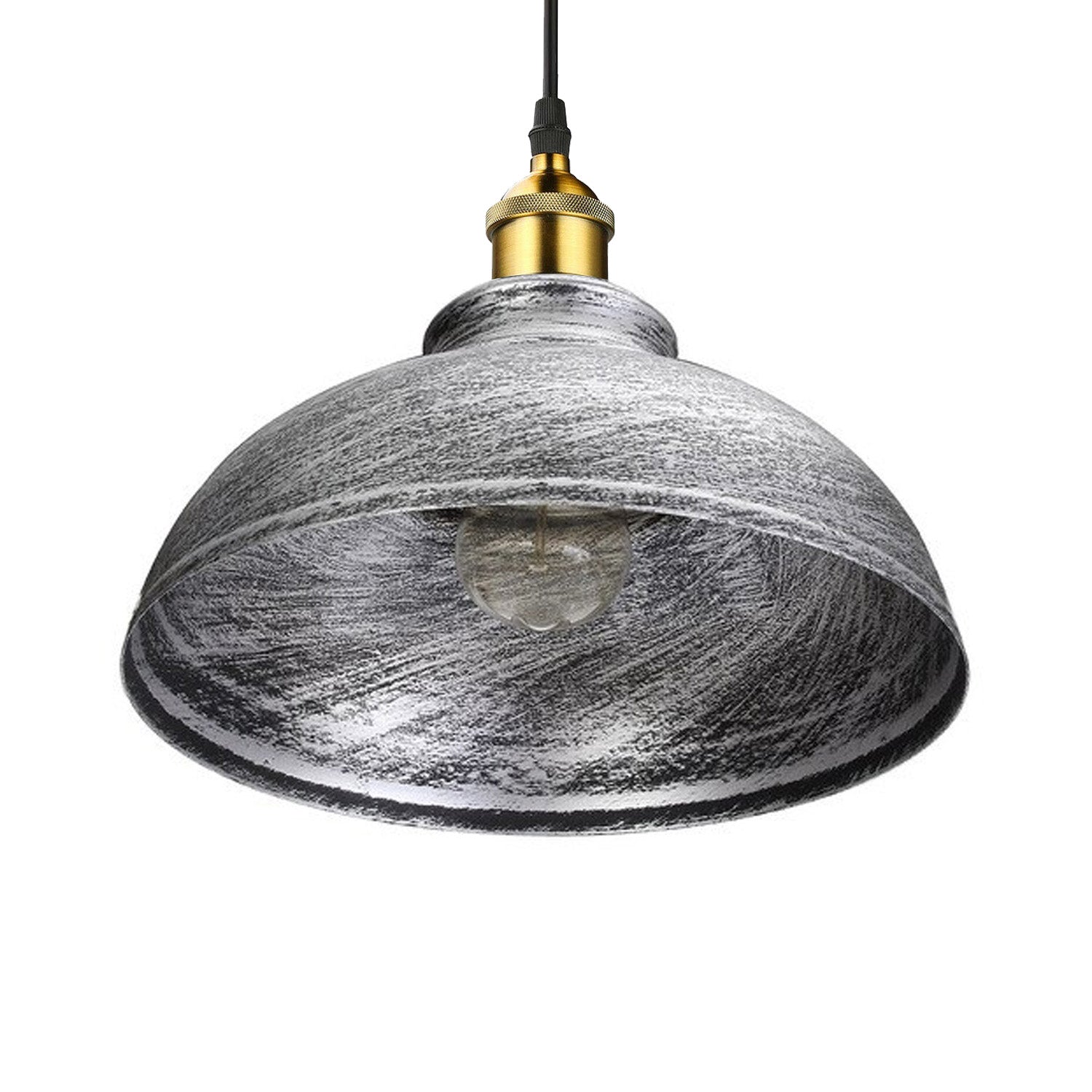 Two vintage industrial pendant lights with brushed silver metal shades, perfect for rustic home decor.