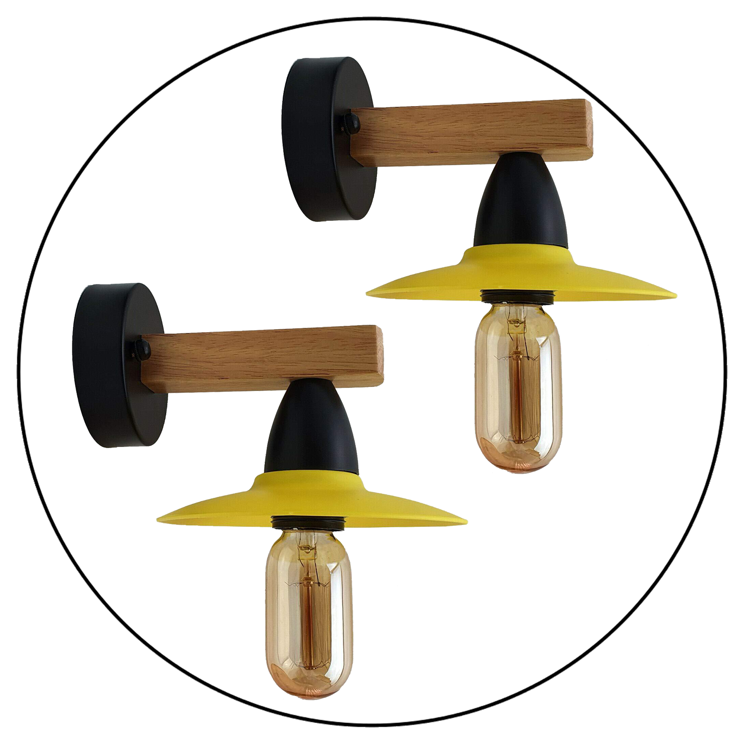 Two modern vintage yellow wood wall light fixtures with PVC shades, showcasing a stylish design suitable for various interior spaces.