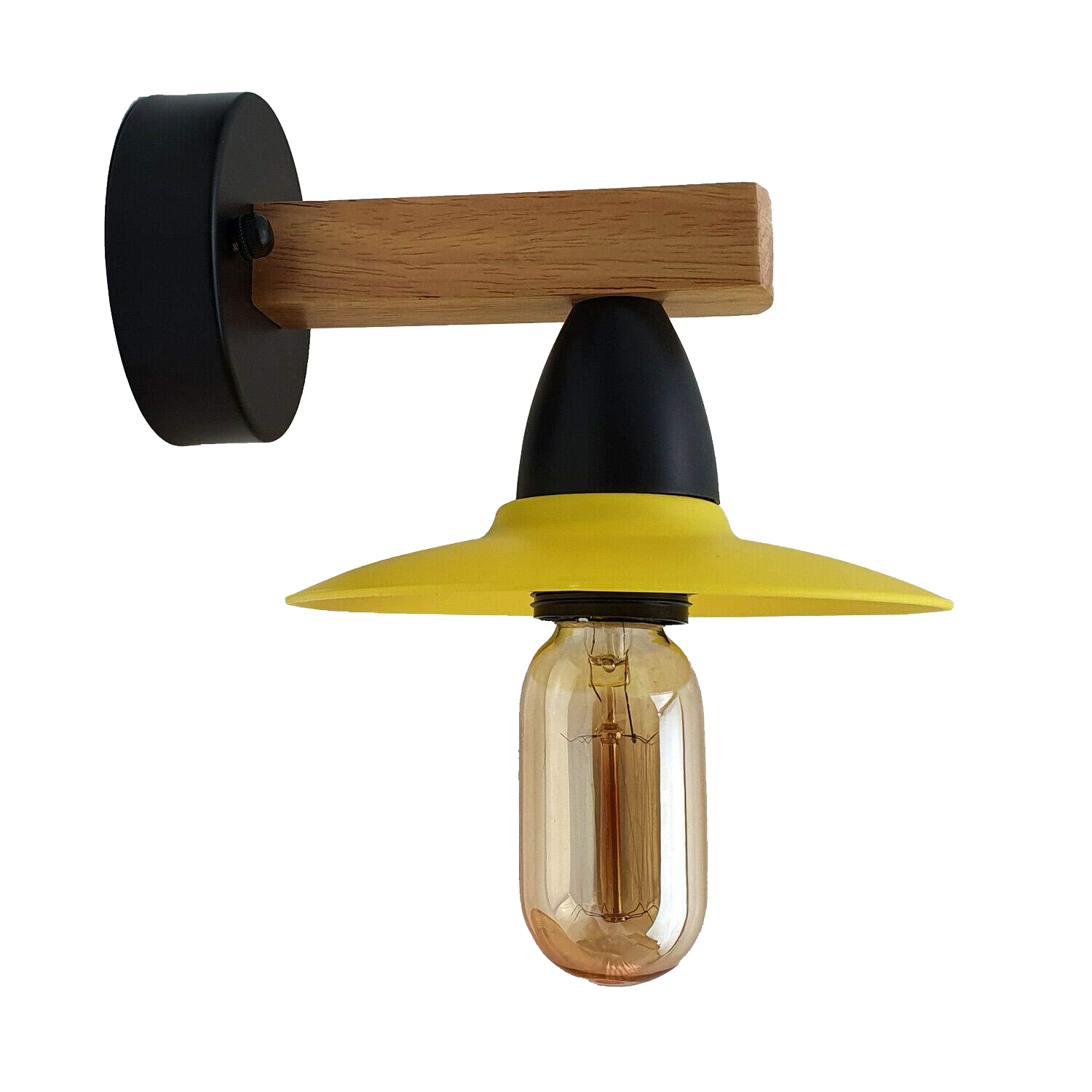 Two modern vintage yellow wood wall light fixtures with PVC shades, showcasing a stylish design suitable for various interior spaces.