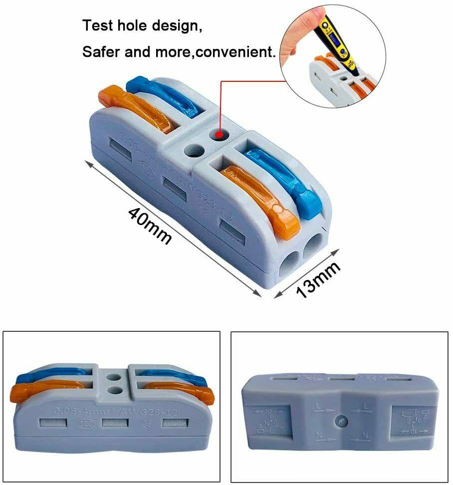 A set of colorful 2 Way Electrical Connectors Wire Block Clamp Clips, showcasing their durable nylon PA66 material and flame retardant features.