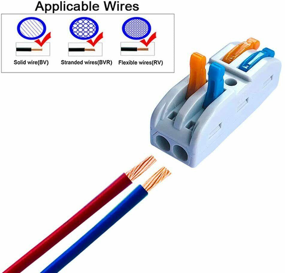 A set of colorful 2 Way Electrical Connectors Wire Block Clamp Clips, showcasing their durable nylon PA66 material and flame retardant features.