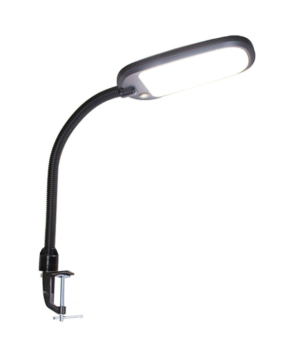 A sleek 26-inch clamp-on LED desk lamp with a flexible neck, featuring a black finish and a soft white diffuser, ideal for reading and hobbies.