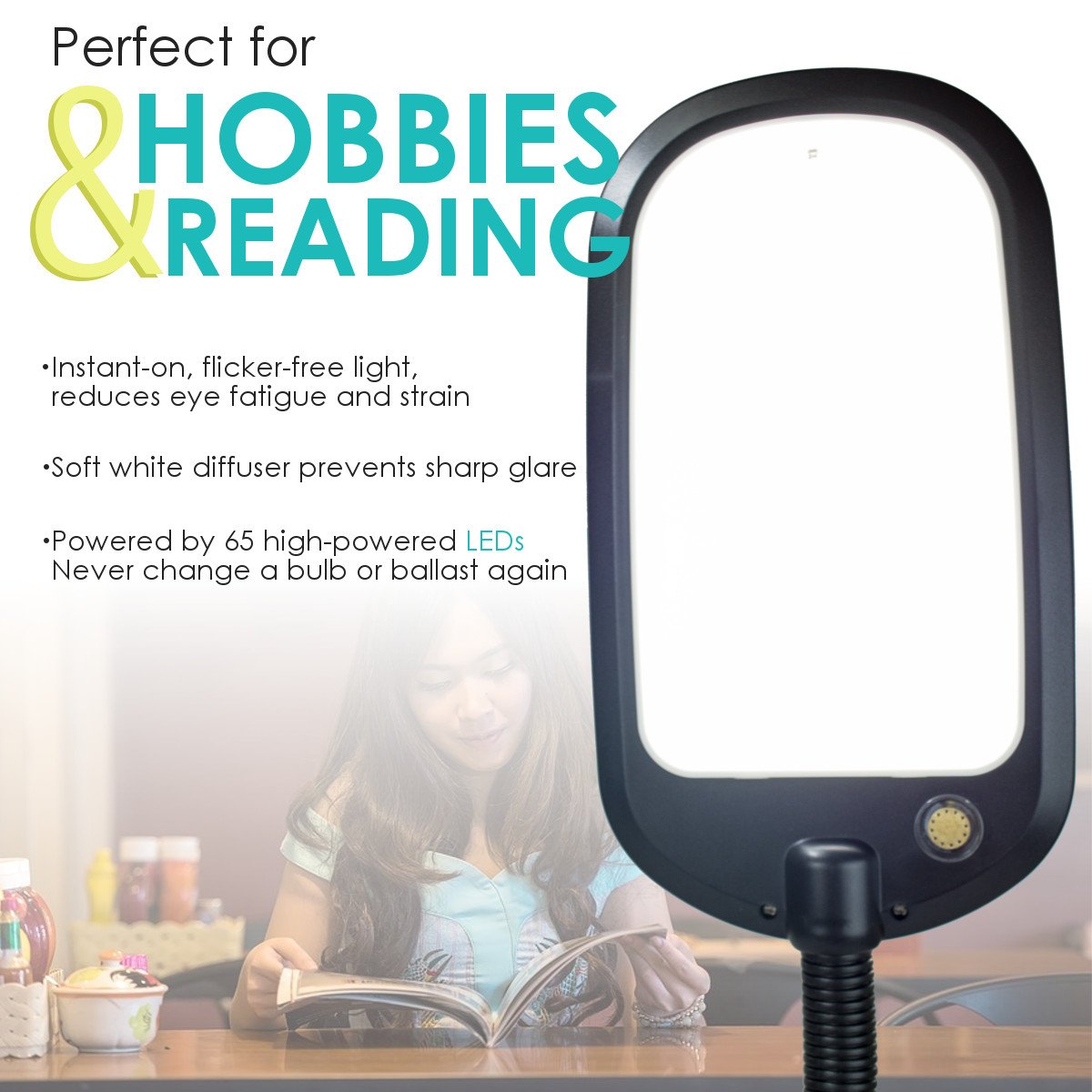 A sleek 26-inch clamp-on LED desk lamp with a flexible neck, featuring a black finish and a soft white diffuser, ideal for reading and hobbies.