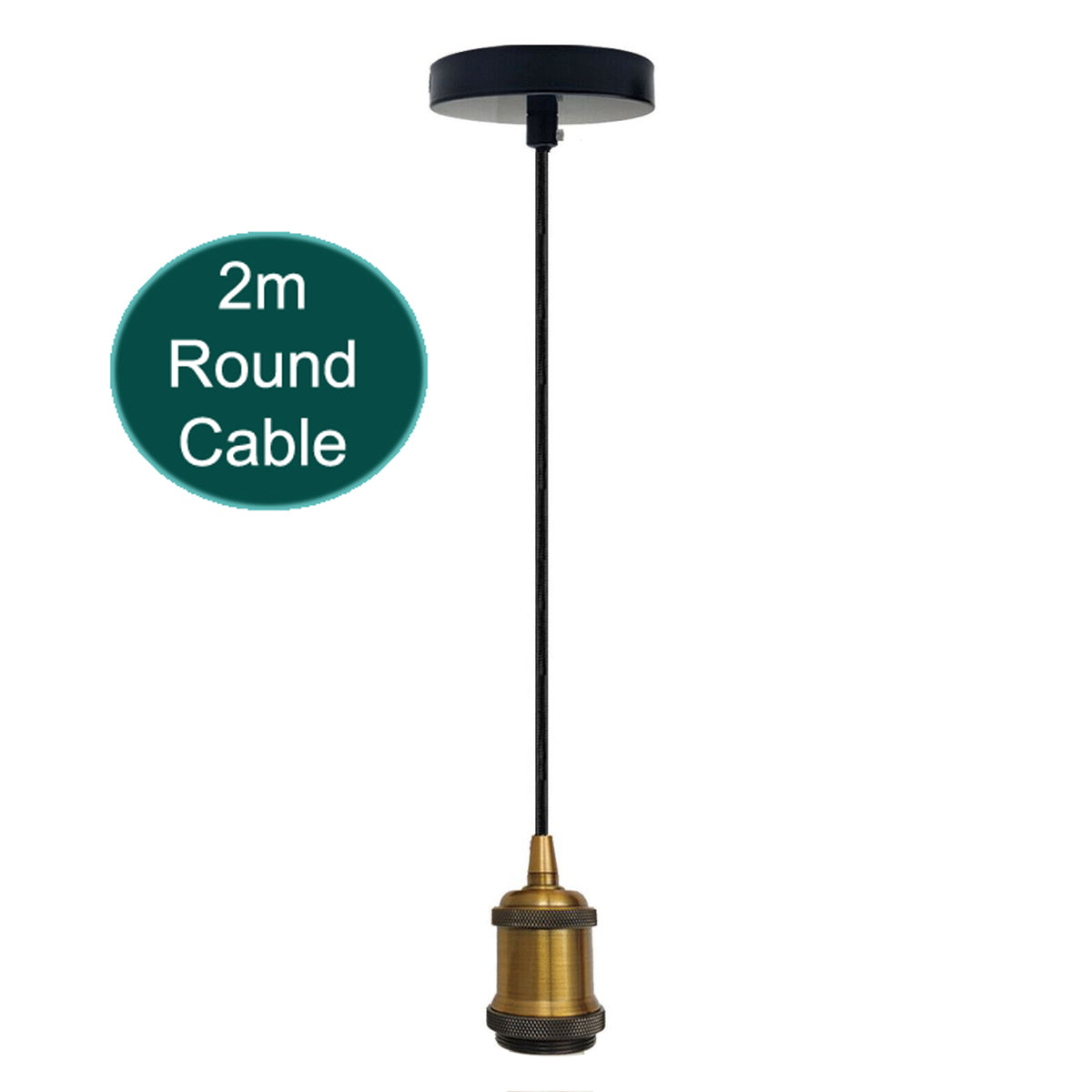 A vintage-style 2m E27 lamp holder pendant light fitting with a polished rustic finish, showcasing a round cable and ceiling rose.