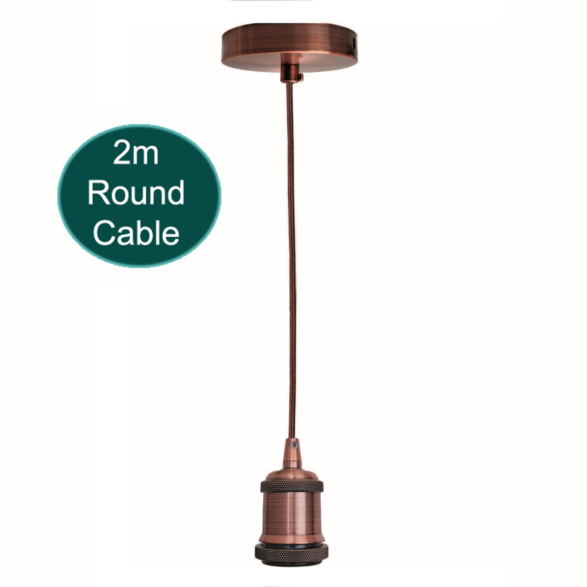 A vintage-style 2m E27 lamp holder pendant light fitting with a polished rustic finish, showcasing a round cable and ceiling rose.