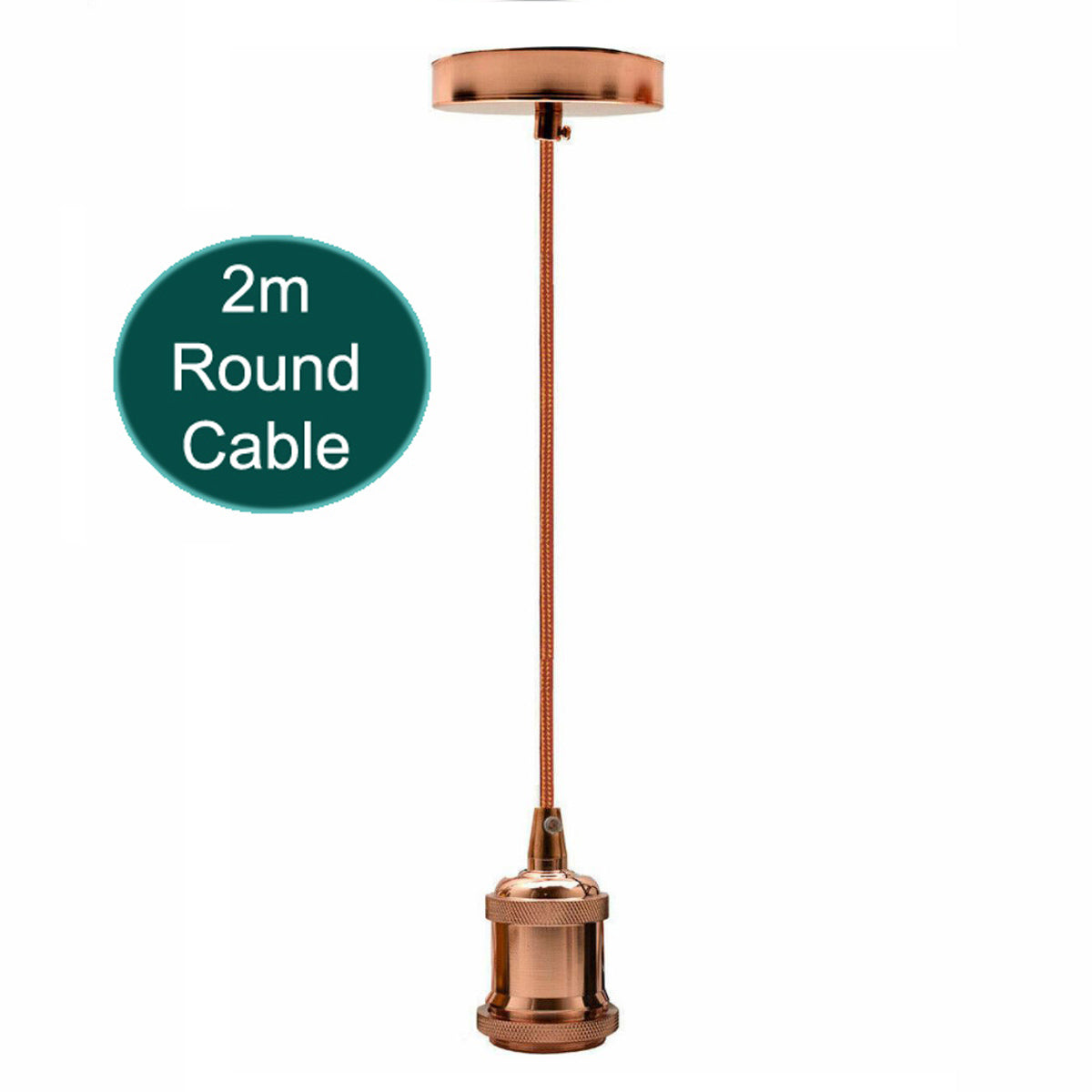 A vintage-style 2m E27 lamp holder pendant light fitting with a polished rustic finish, showcasing a round cable and ceiling rose.