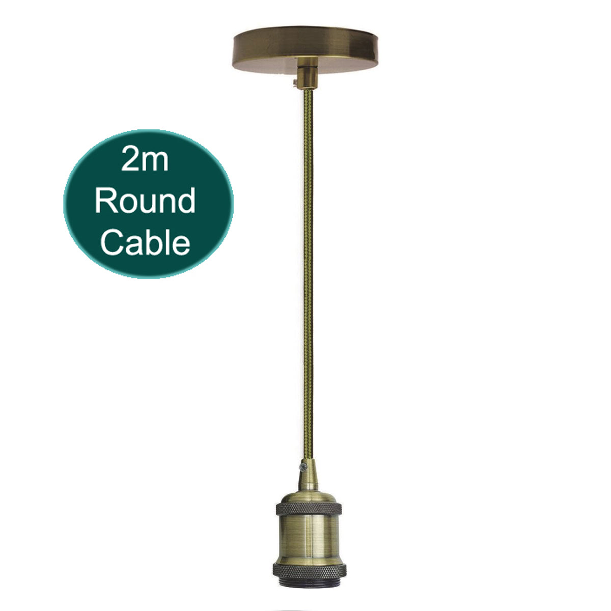 A vintage-style 2m E27 lamp holder pendant light fitting with a polished rustic finish, showcasing a round cable and ceiling rose.