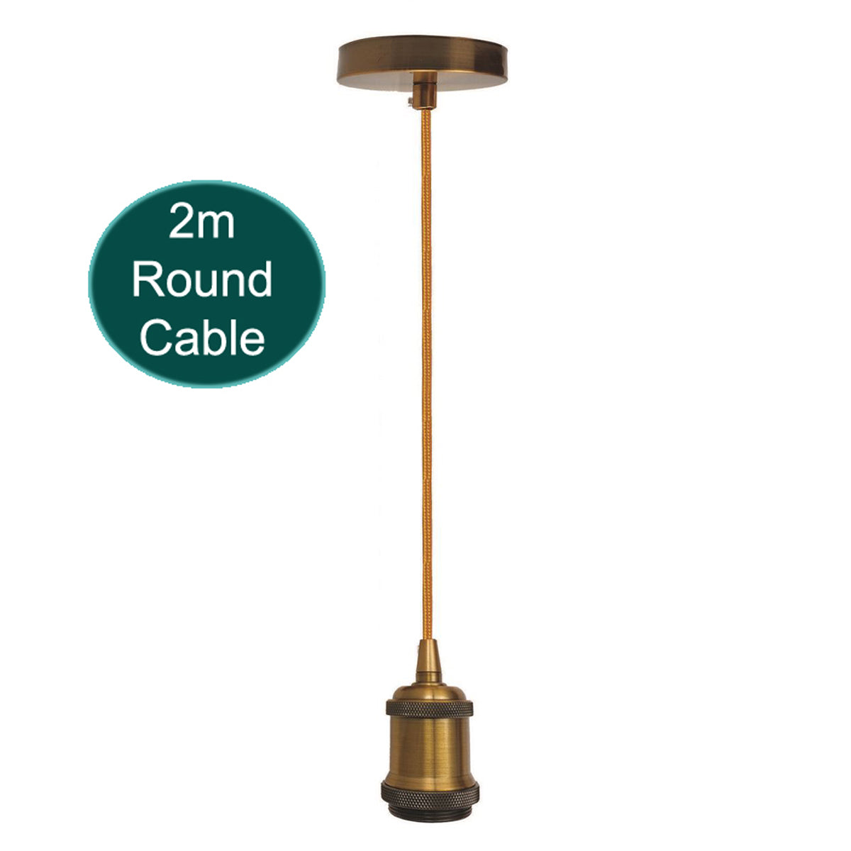 A vintage-style 2m E27 lamp holder pendant light fitting with a polished rustic finish, showcasing a round cable and ceiling rose.