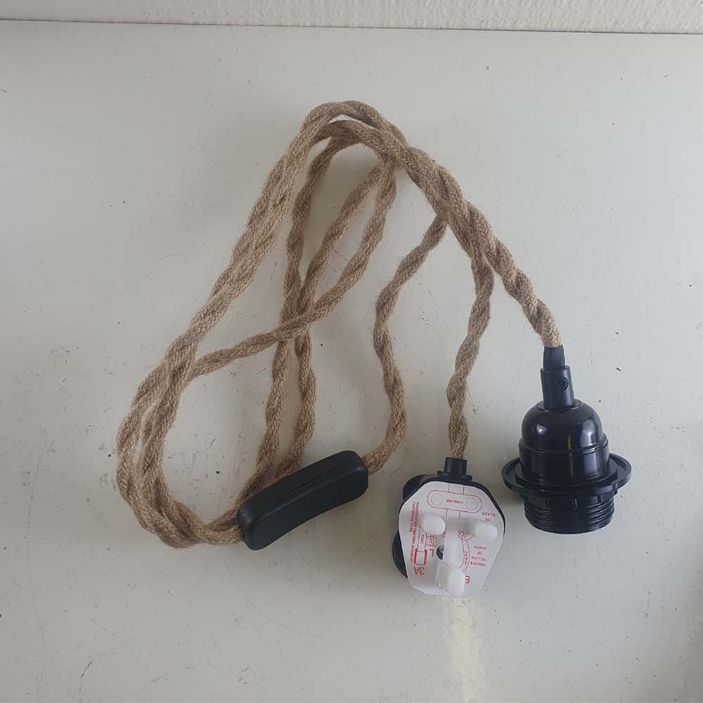 2M Plug In Pendant light with hemp cable, black holder, and inline switch, ideal for versatile lighting solutions.