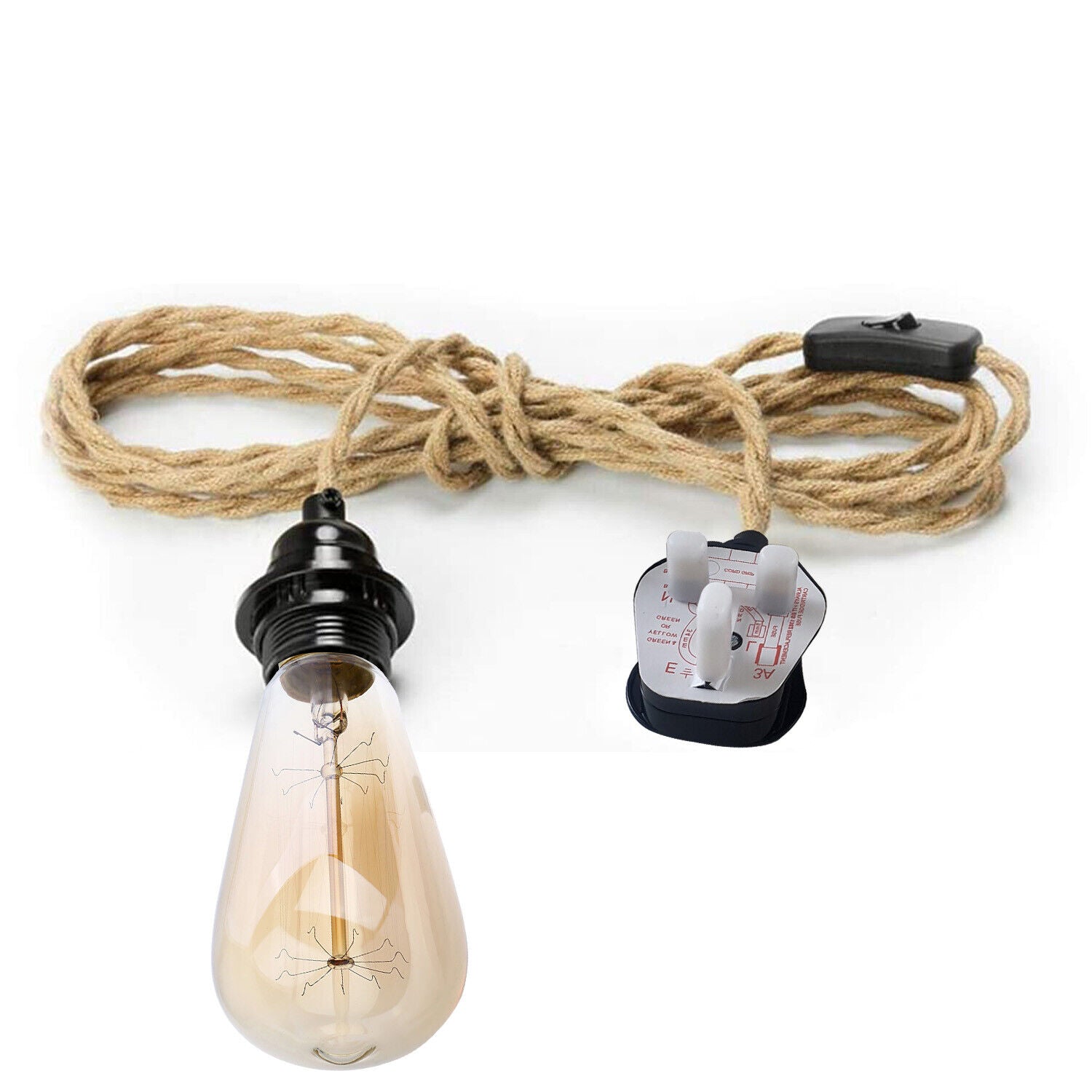 2M Plug In Pendant light with hemp cable, black holder, and inline switch, ideal for versatile lighting solutions.