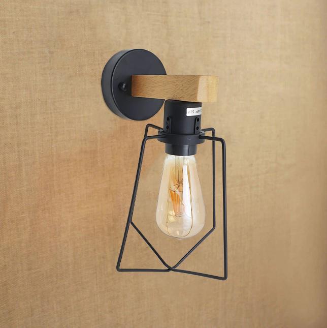 Two modern industrial retro wall lights with wooden and wire frame design, showcasing soft lighting and included bulbs.