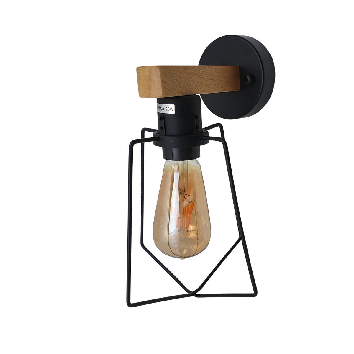 Two modern industrial retro wall lights with wooden and wire frame design, showcasing soft lighting and included bulbs.