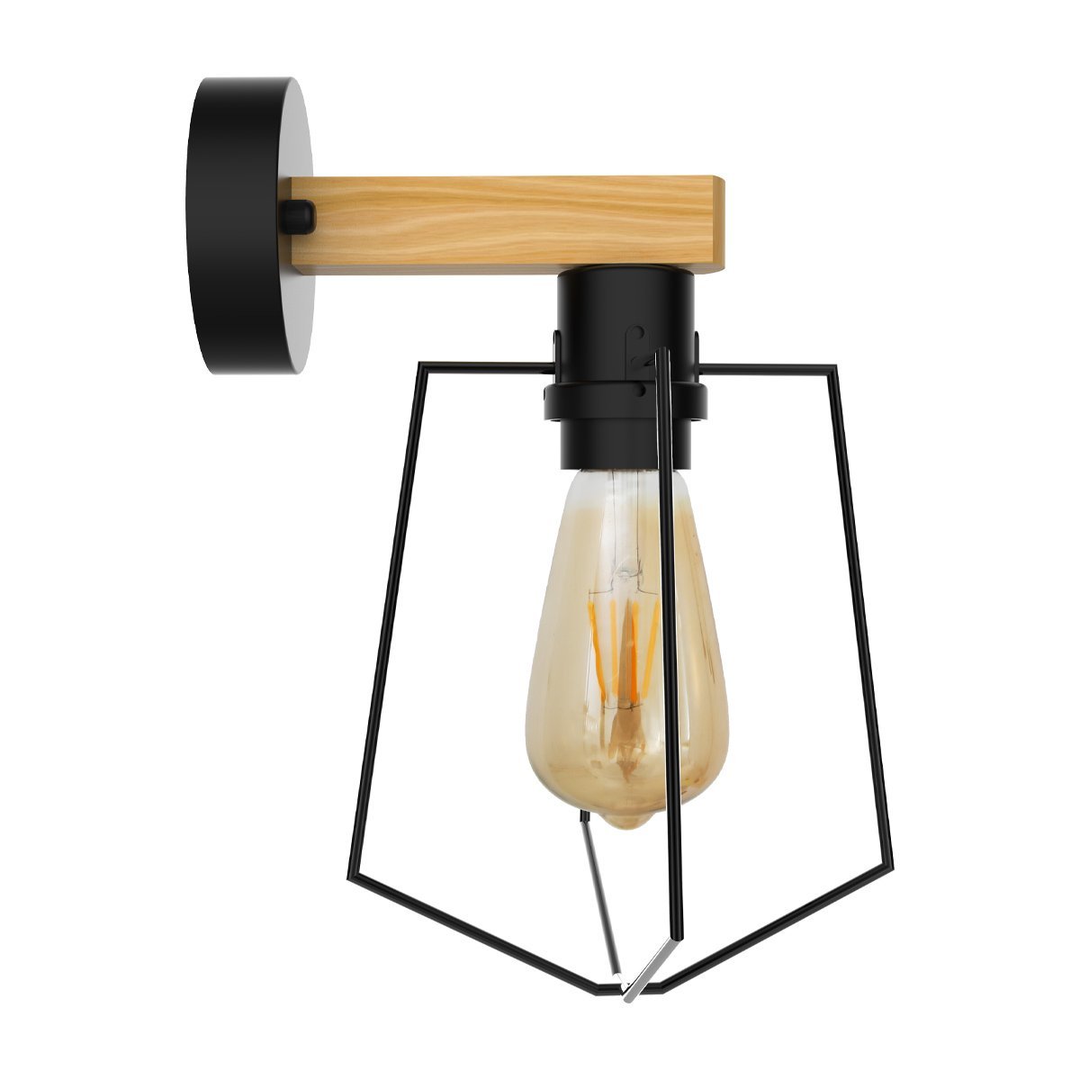 Two modern industrial retro wall lights with wooden and wire frame design, showcasing soft lighting and included bulbs.