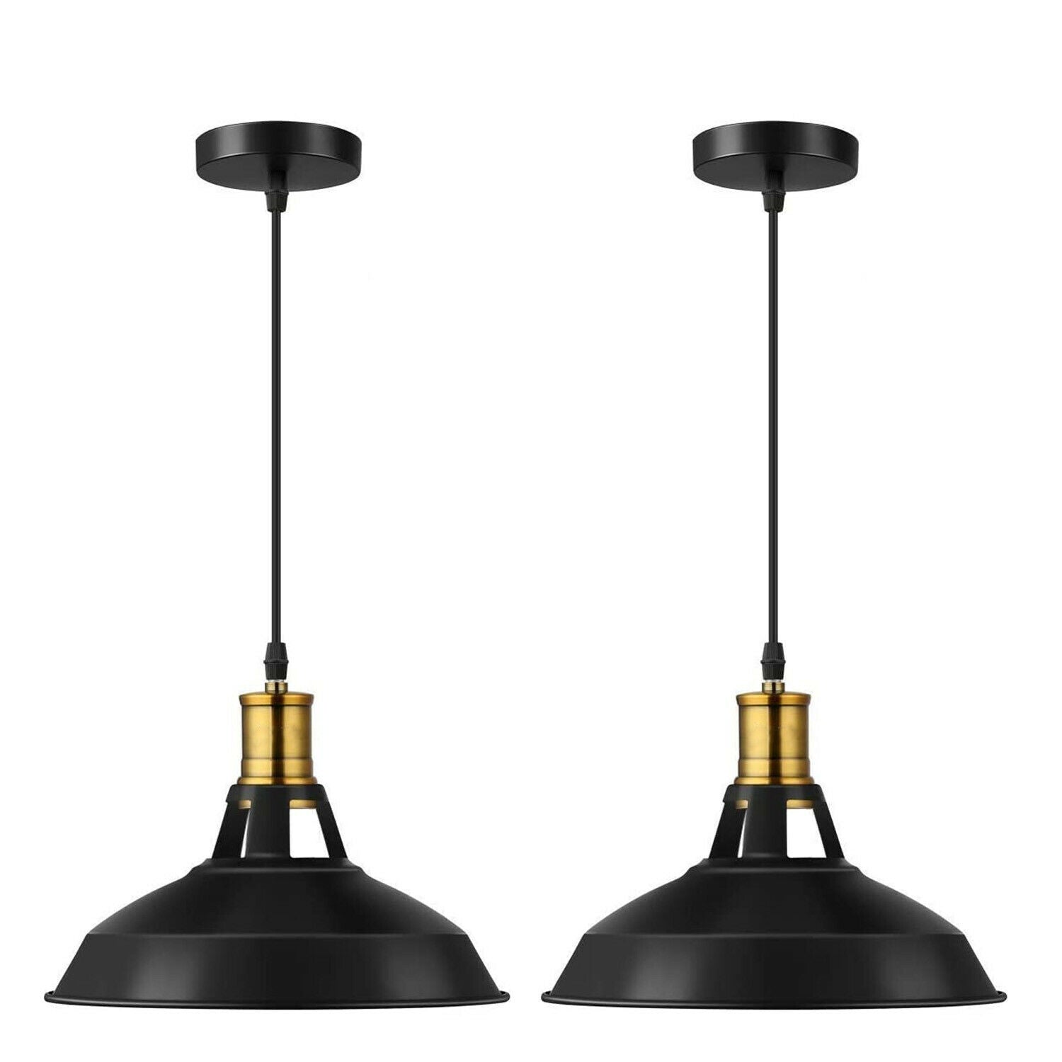 Two retro metal pendant shades in black, designed for stylish home lighting.