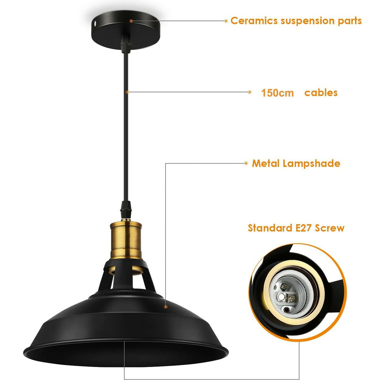 Two retro metal pendant shades in black, designed for stylish home lighting.