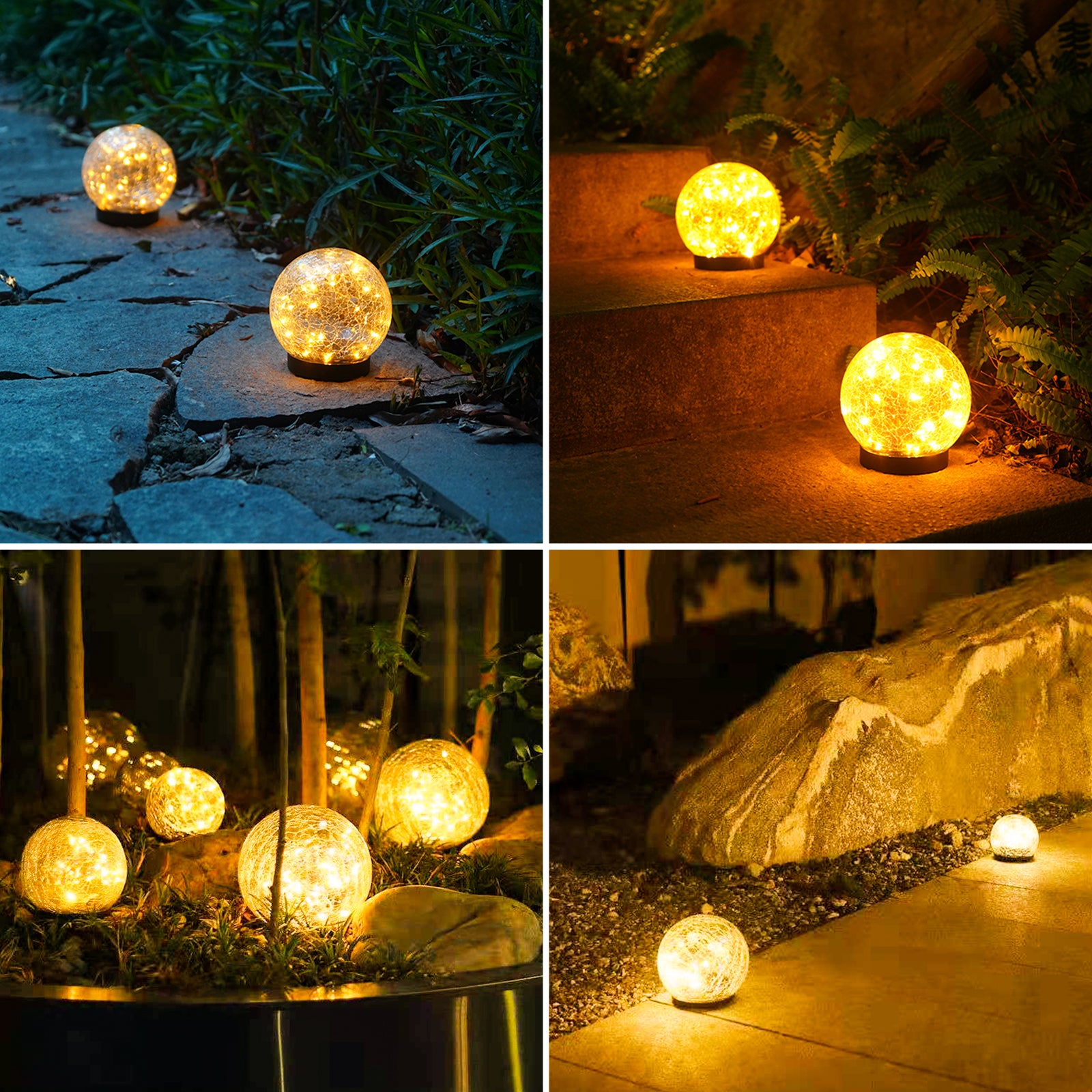 Two solar lights with cracked glass ball design illuminating a garden path at night, showcasing warm LED light patterns.