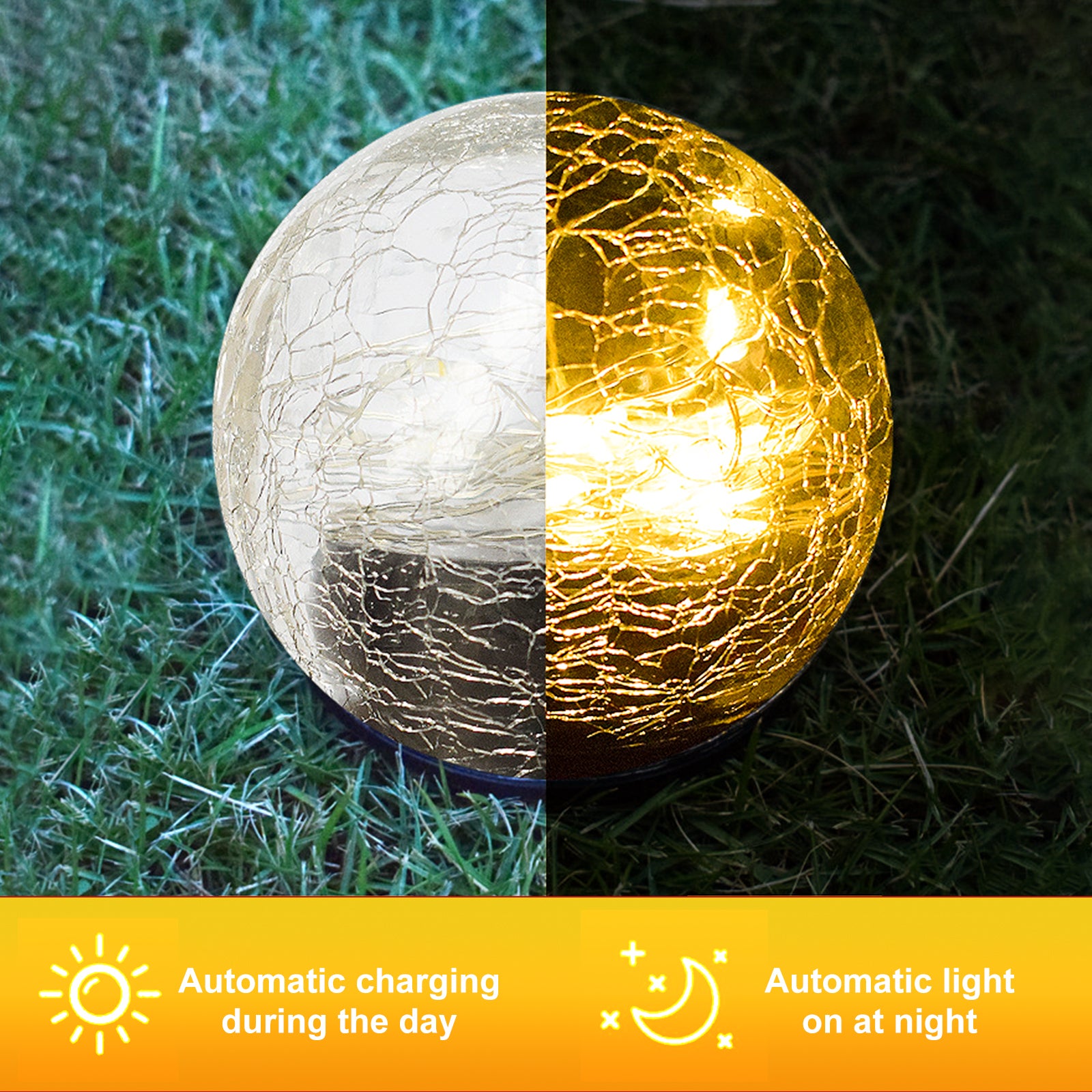 Two solar lights with cracked glass ball design illuminating a garden path at night, showcasing warm LED light patterns.