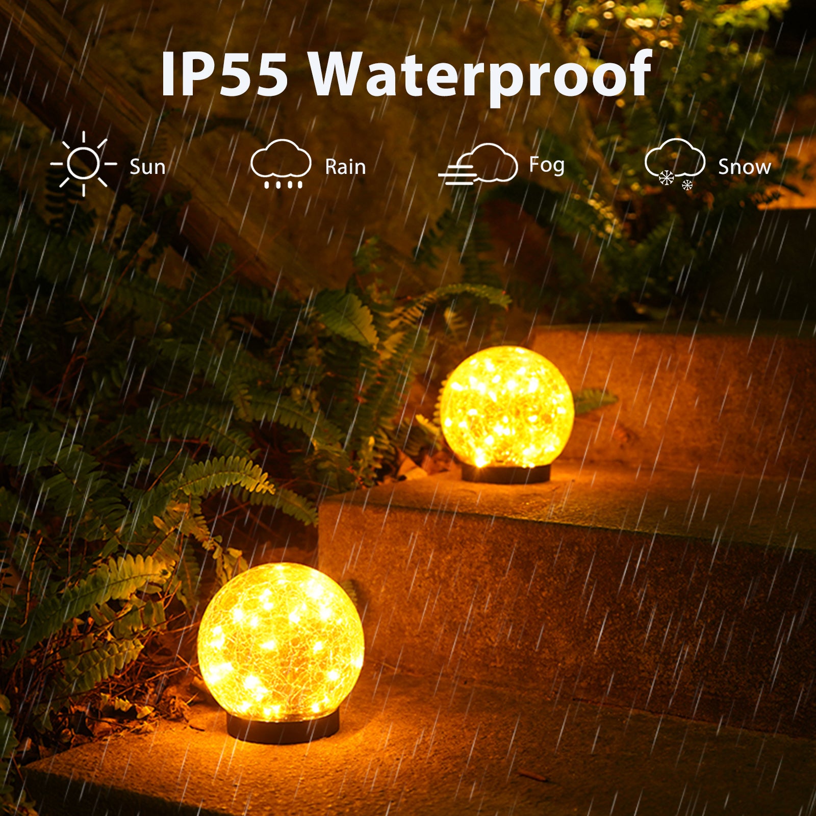 Two solar lights with cracked glass ball design illuminating a garden path at night, showcasing warm LED light patterns.