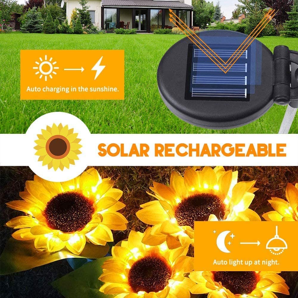 Two solar-powered sunflower lights in a garden setting, showcasing their vibrant yellow color and elegant design.