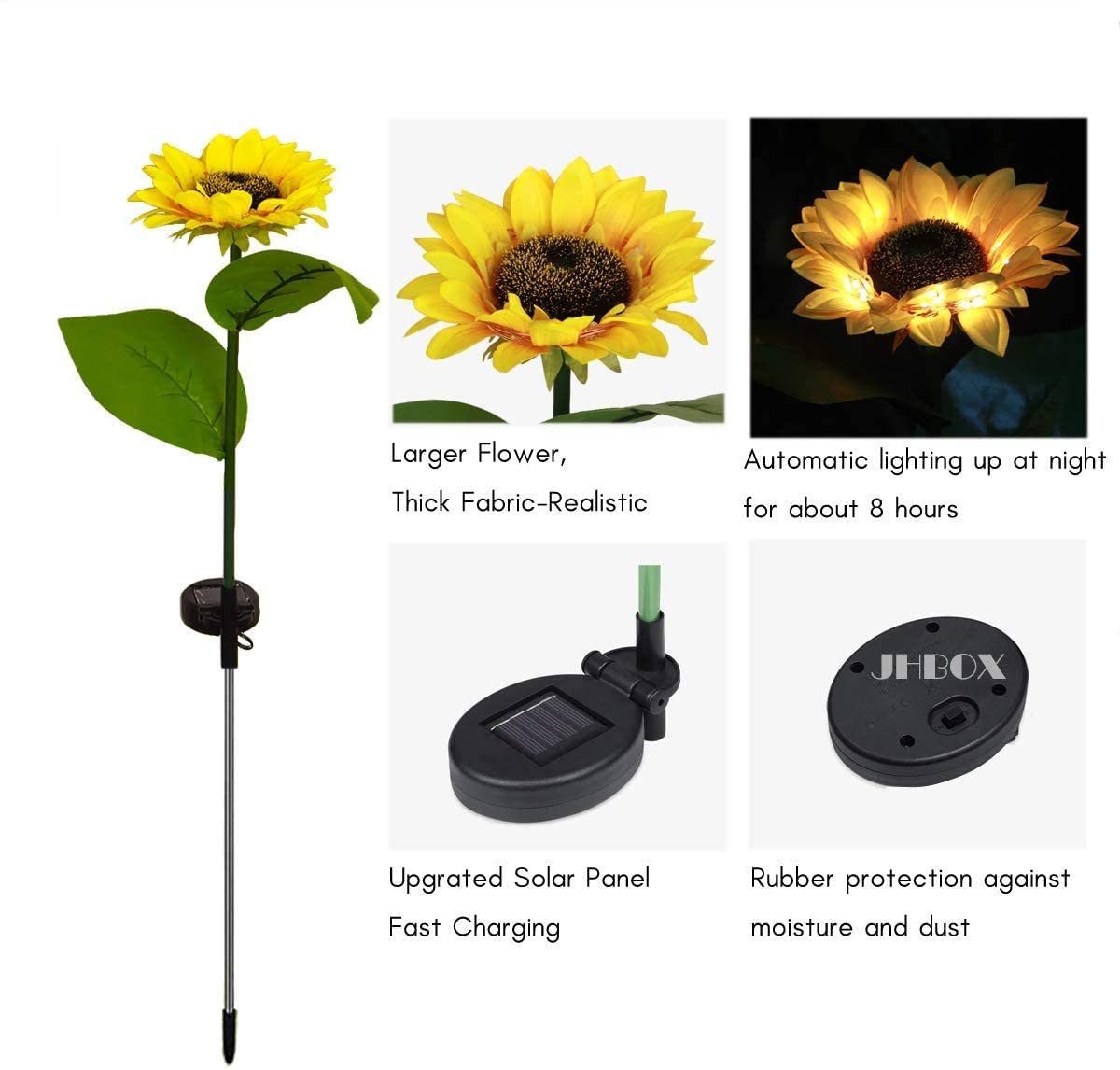 Two solar-powered sunflower lights in a garden setting, showcasing their vibrant yellow color and elegant design.