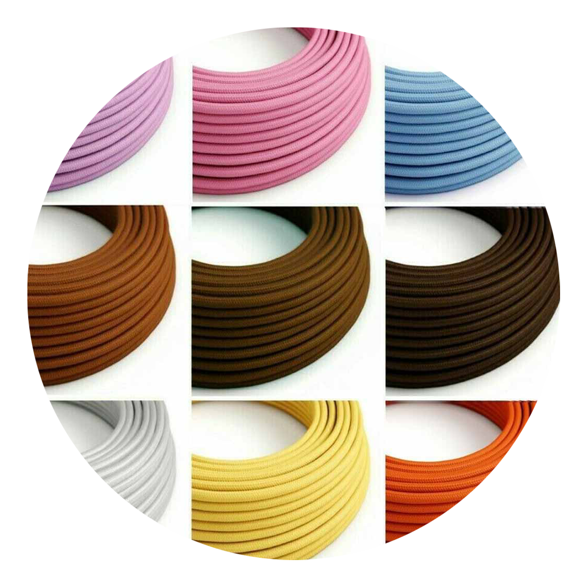 10m round flexible electrical cable with vintage fabric covering, ideal for rewiring lamps and chandeliers.