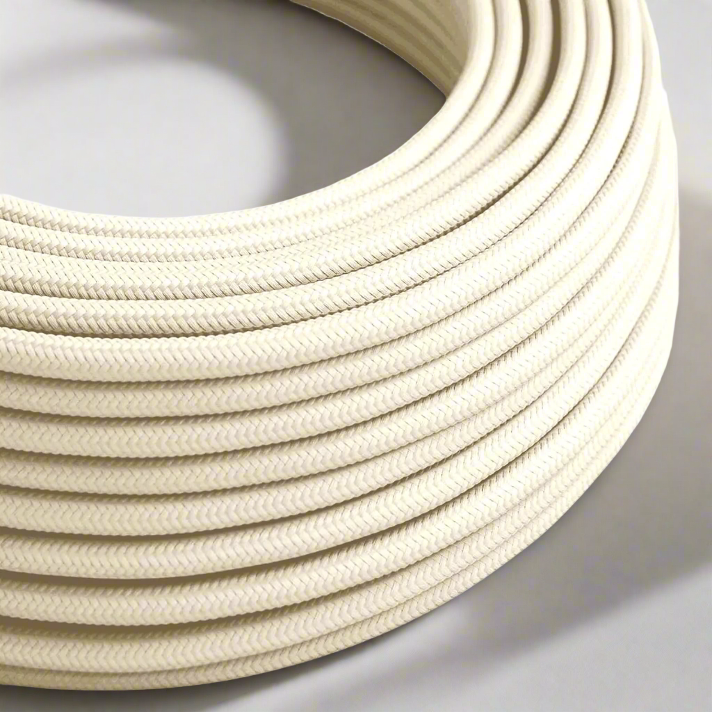 10m round flexible electrical cable with vintage fabric covering, ideal for rewiring lamps and chandeliers.