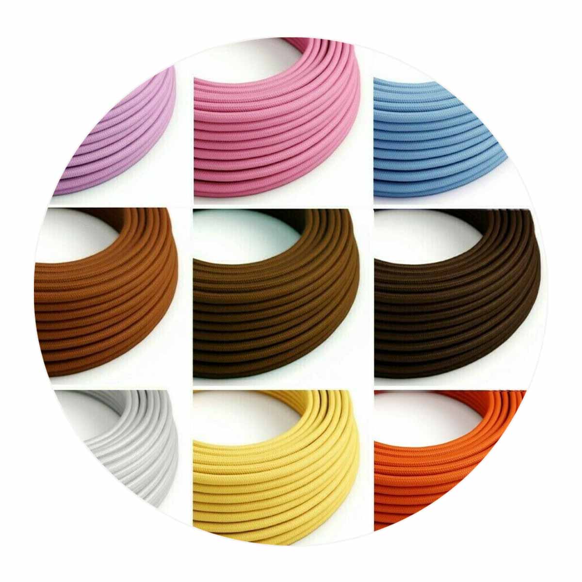 10m round flexible electrical cable with vintage fabric covering, ideal for rewiring lamps and chandeliers.