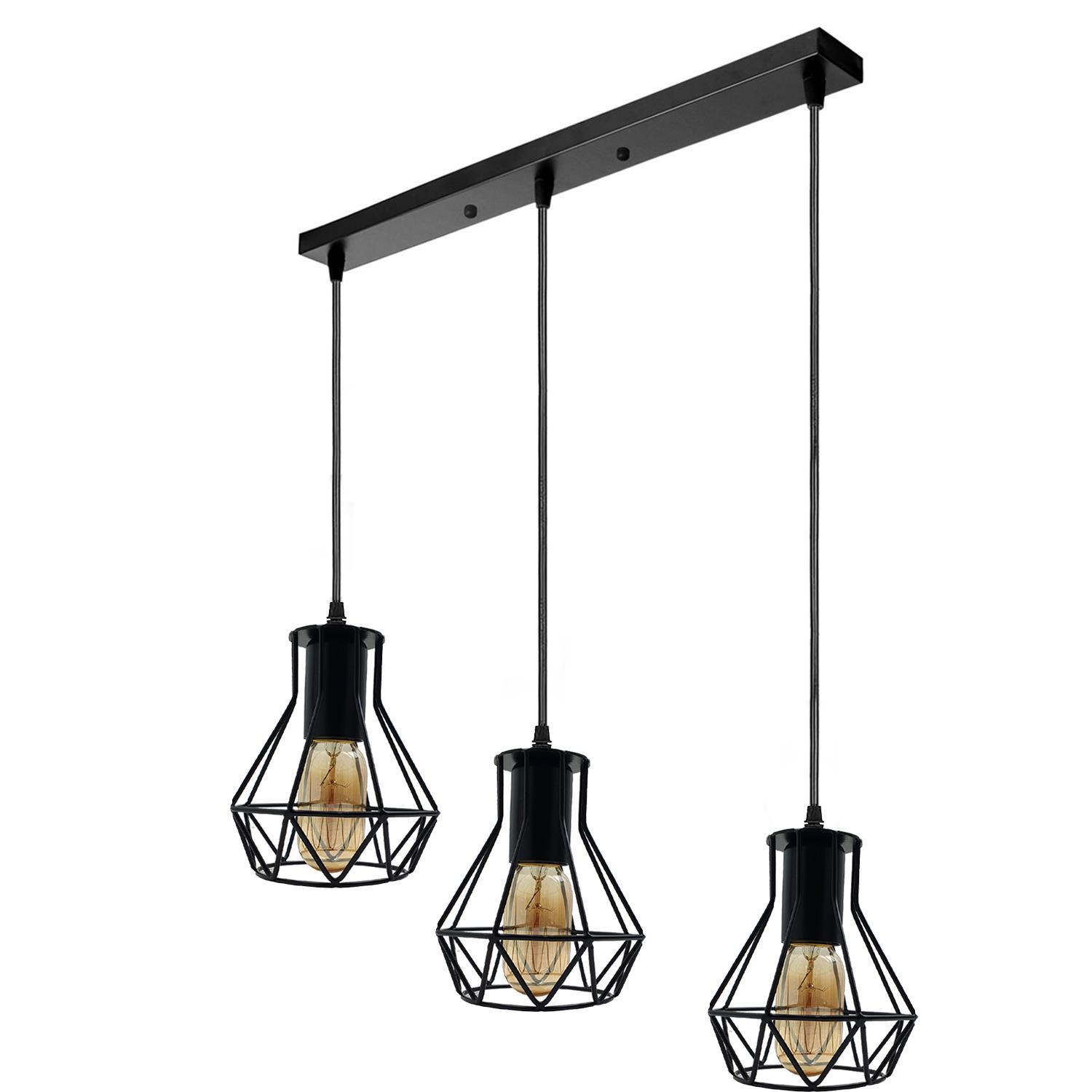 3 Head Rectangle Base Industrial Metal Cage Ceiling Pendant Light with three light holders and black metal finish, ideal for modern decor.