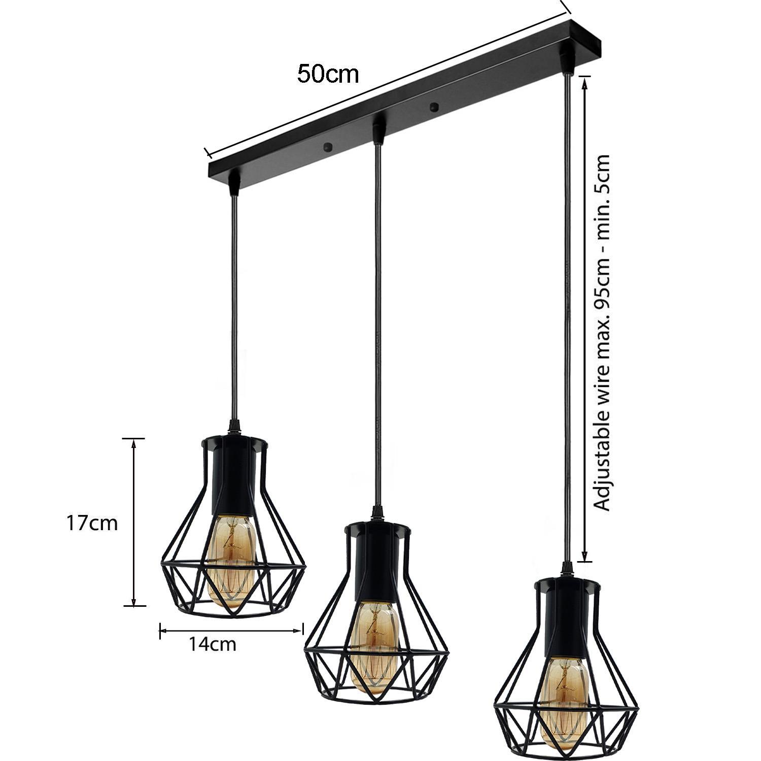 3 Head Rectangle Base Industrial Metal Cage Ceiling Pendant Light with three light holders and black metal finish, ideal for modern decor.