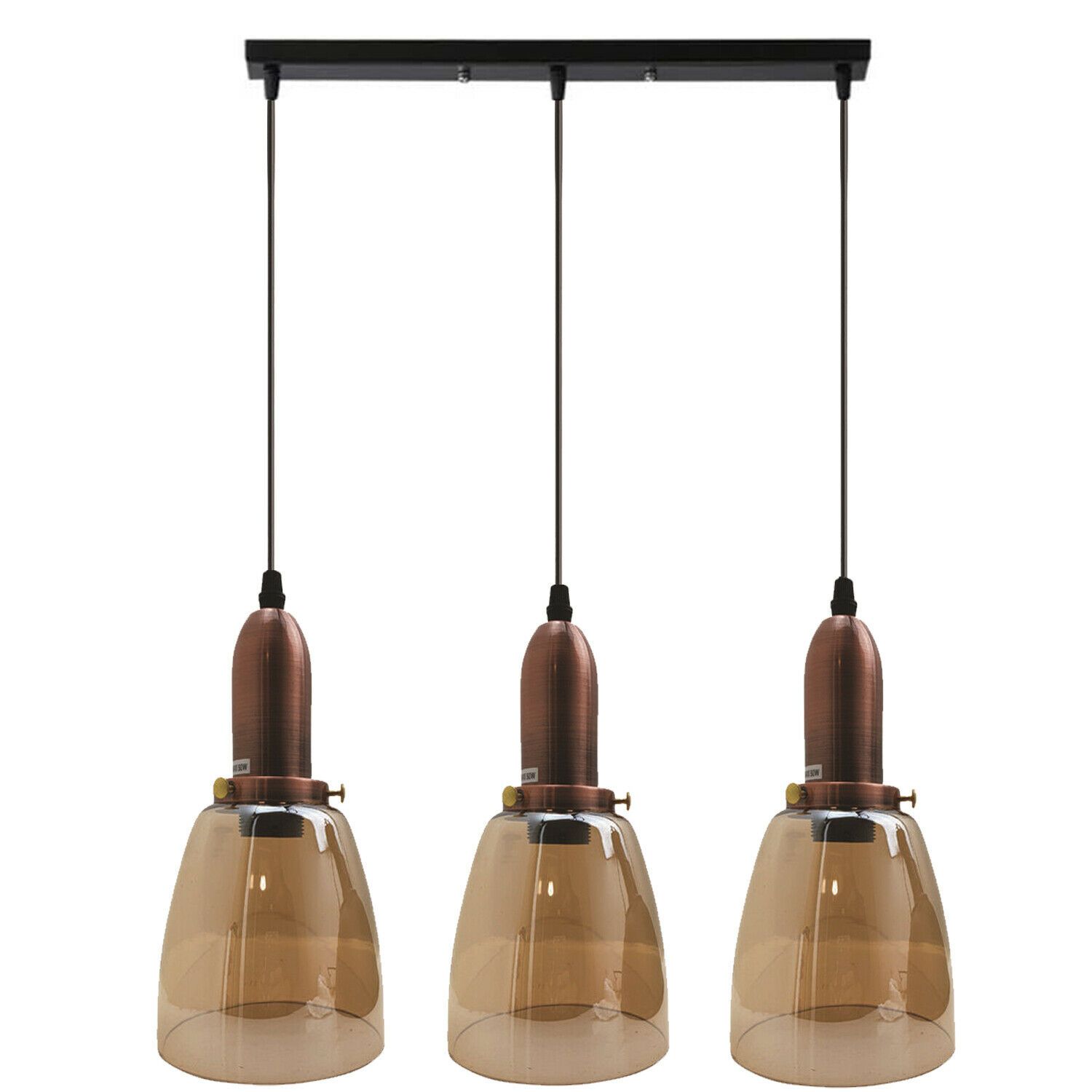 3 Head Retro Ceiling Light featuring black metal and amber glass shades, designed for E27 bulbs, perfect for vintage industrial decor.