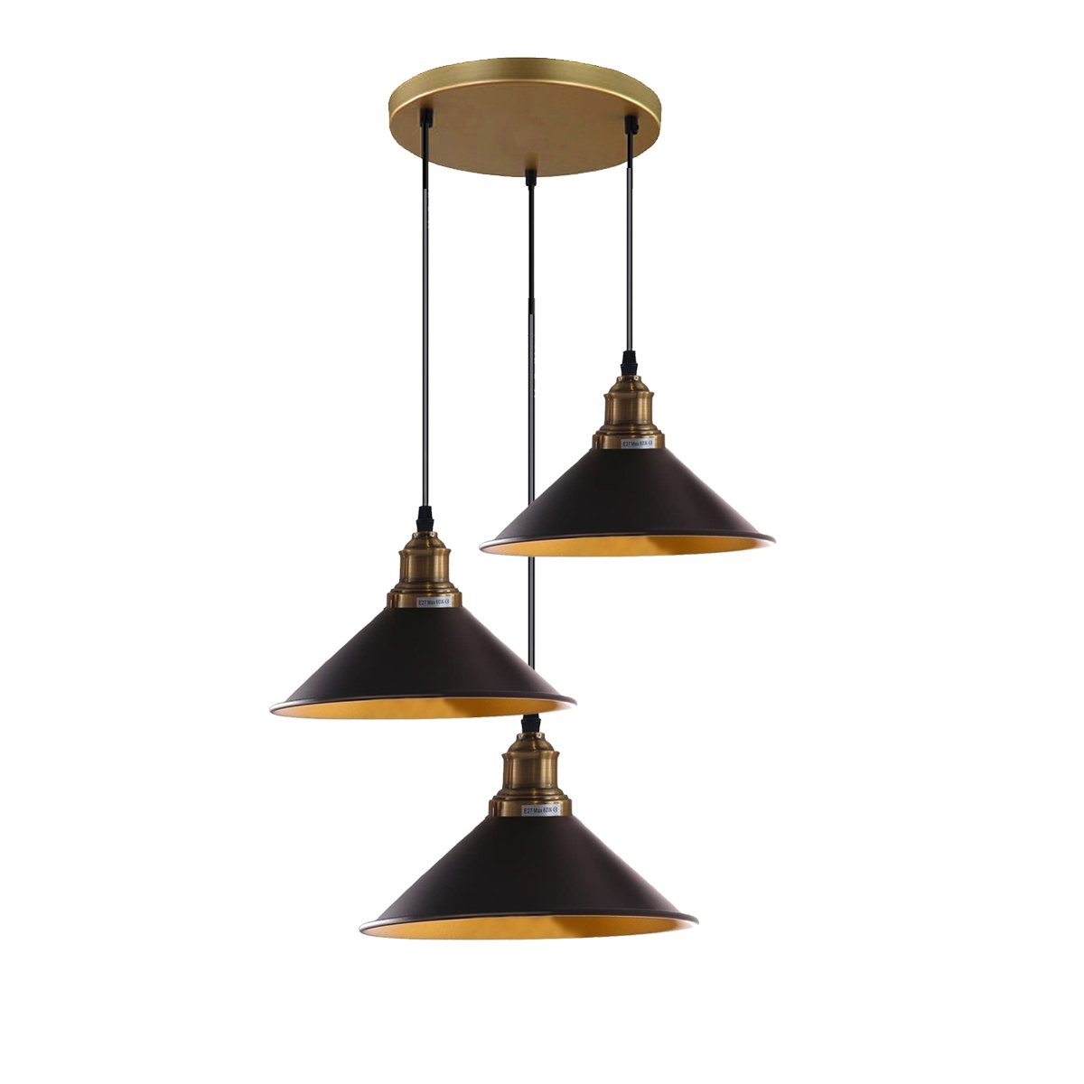 3 Lights Hanging Chandelier with adjustable cables in black, featuring retro-inspired cone shades and brass accents.