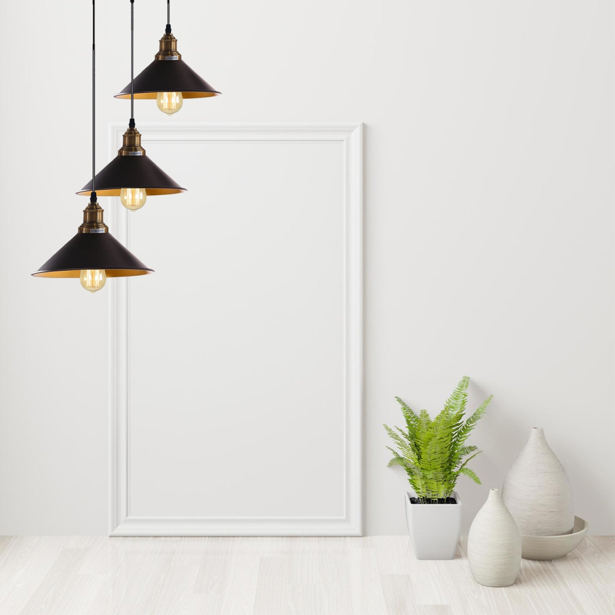 3 Lights Hanging Chandelier with adjustable cables in black, featuring retro-inspired cone shades and brass accents.